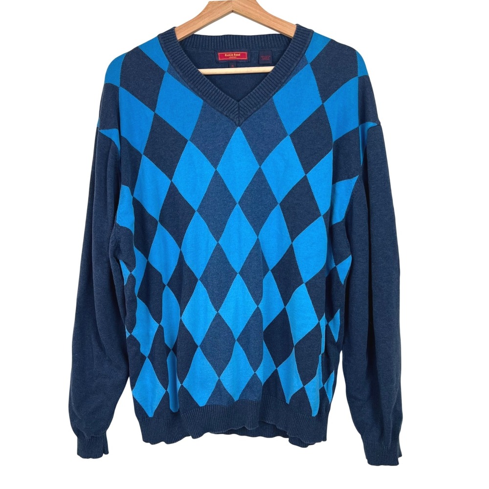 Austin Reed London Mens XL Argyle V-Neck Sweater Navy Blue 100% Cotton Pullover